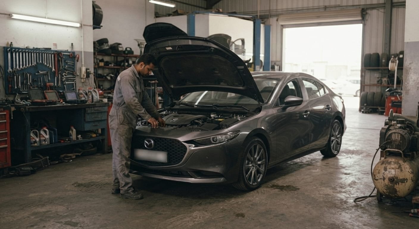 mechanic checking used Mazda 3 engine bay at workshop in Al Quoz Dubai