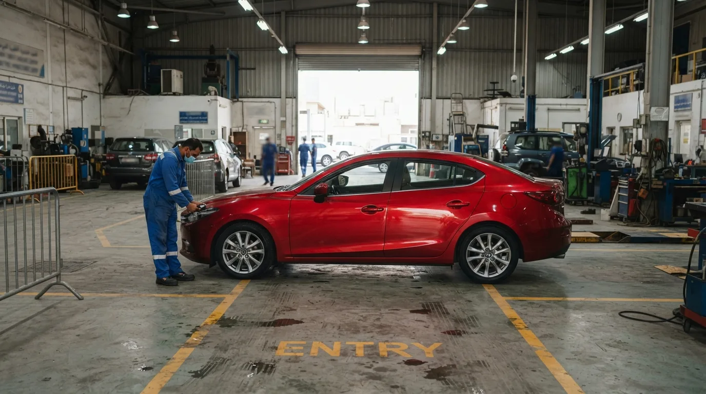Mechanic inspecting used Mazda 3 before UAE resale