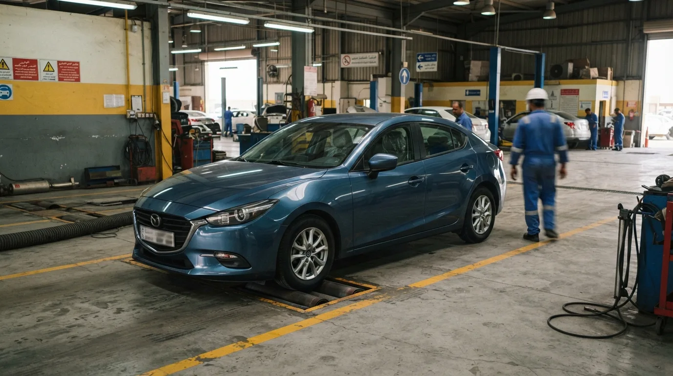 Mechanic inspecting used Mazda 3 before UAE resale