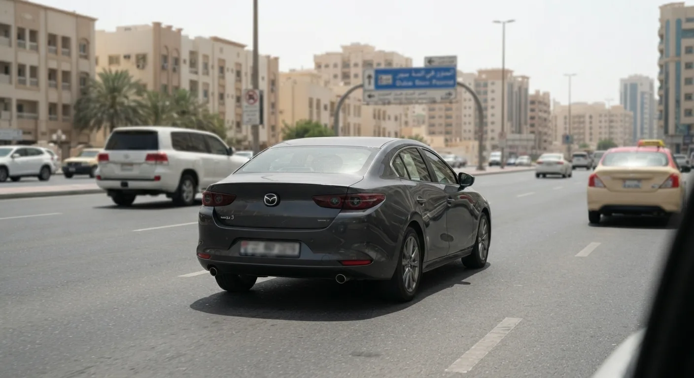 Mazda 3 sedan on a Dubai road representing insured vehicle