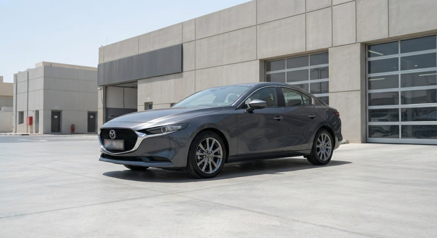 Mazda 3 sedan parked at UAE registration and inspection centre