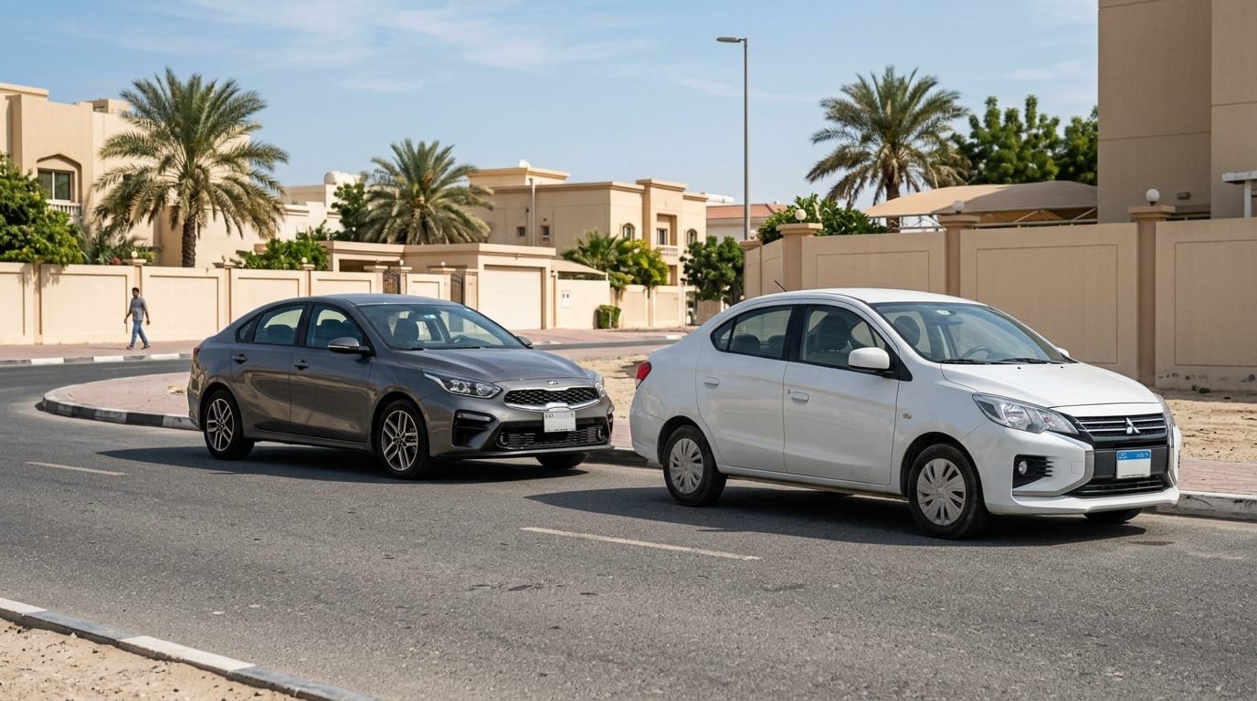 Mitsubishi Attrage and Kia Cerato parked in an Abu Dhabi street, UAE used car insurance comparison