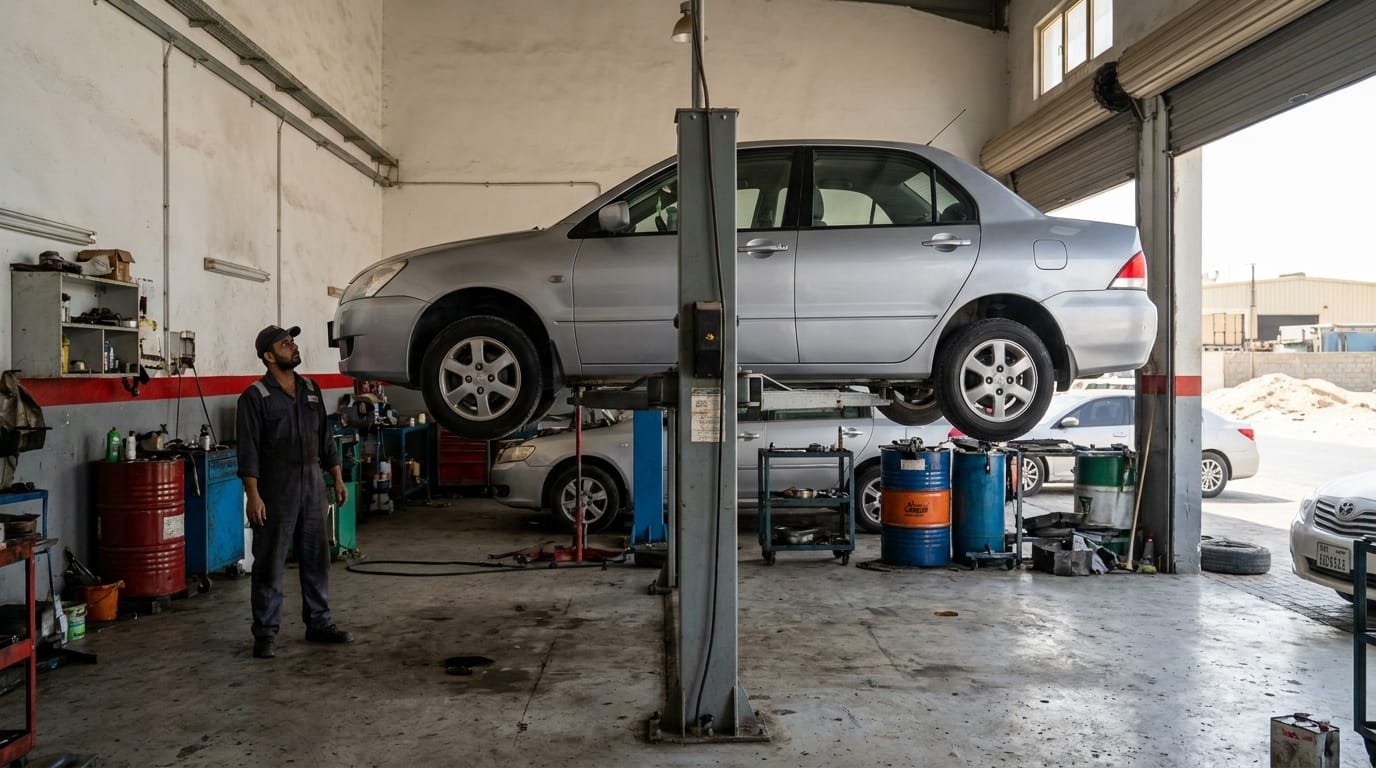 Mechanic checking Mitsubishi Lancer brake pads Dubai