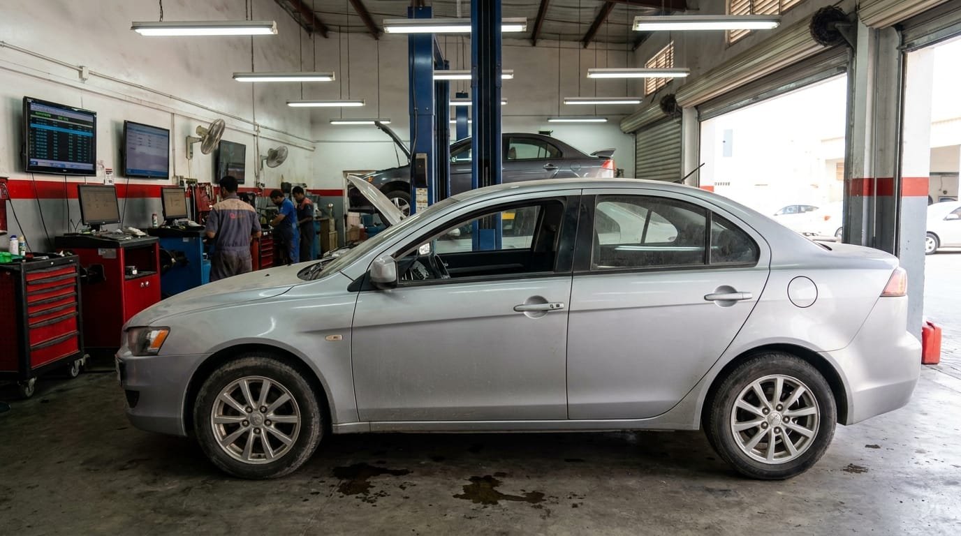 Mitsubishi Lancer parked at UAE Mitsubishi dealership service center