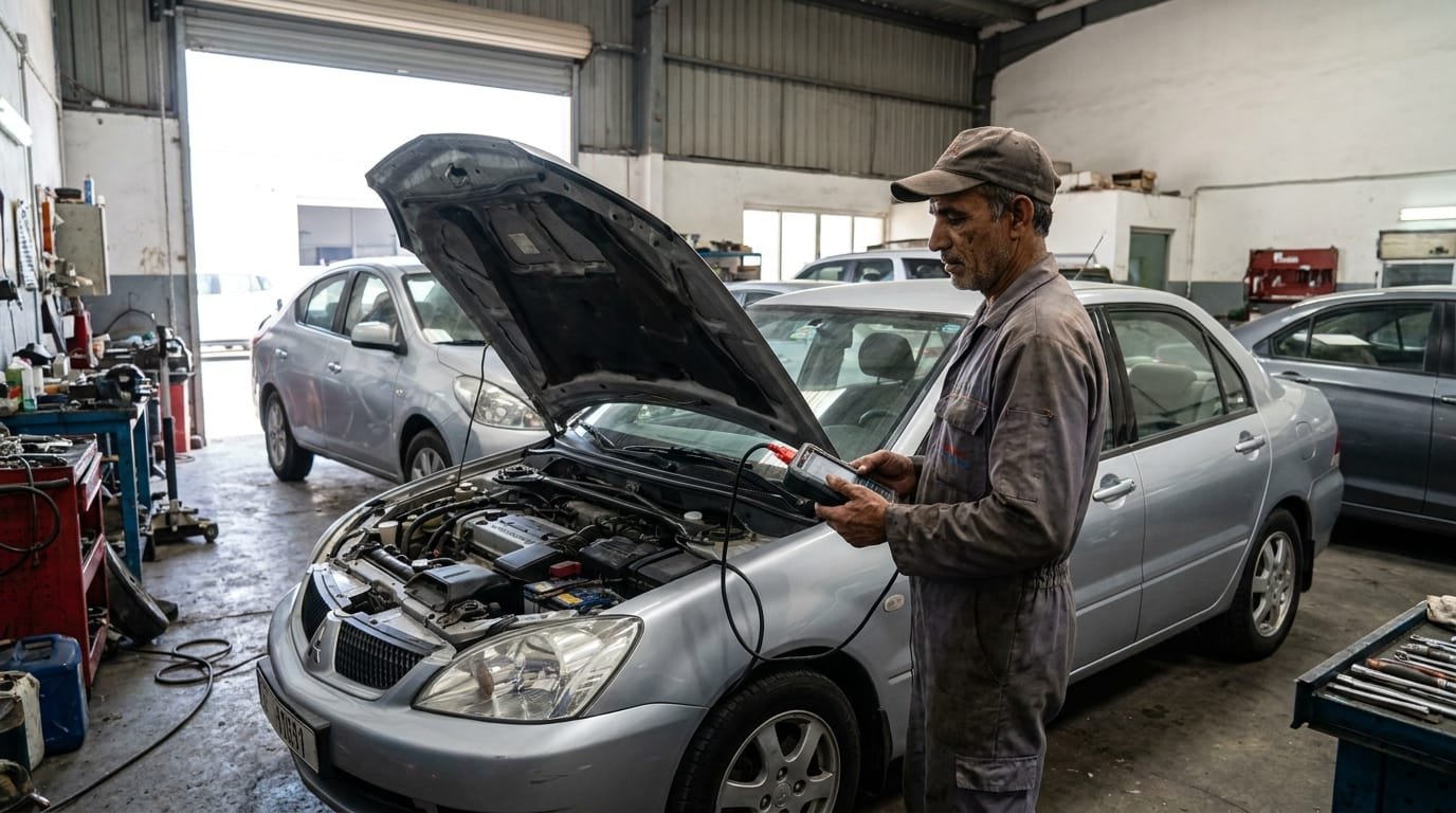 Mechanic running a diagnostic scan on a used Mitsubishi Lancer in a Dubai workshop