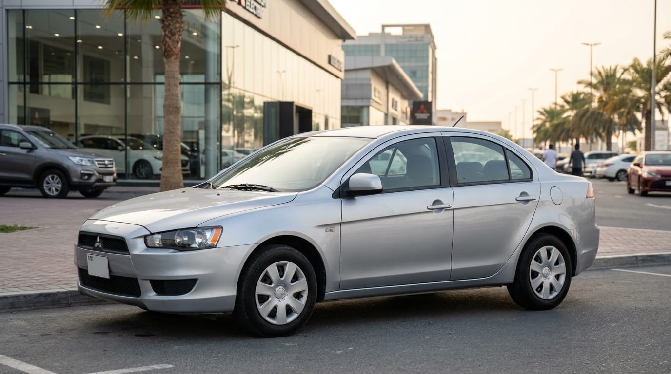 Mitsubishi Lancer GCC vs Imported UAE used sedan parked in Dubai