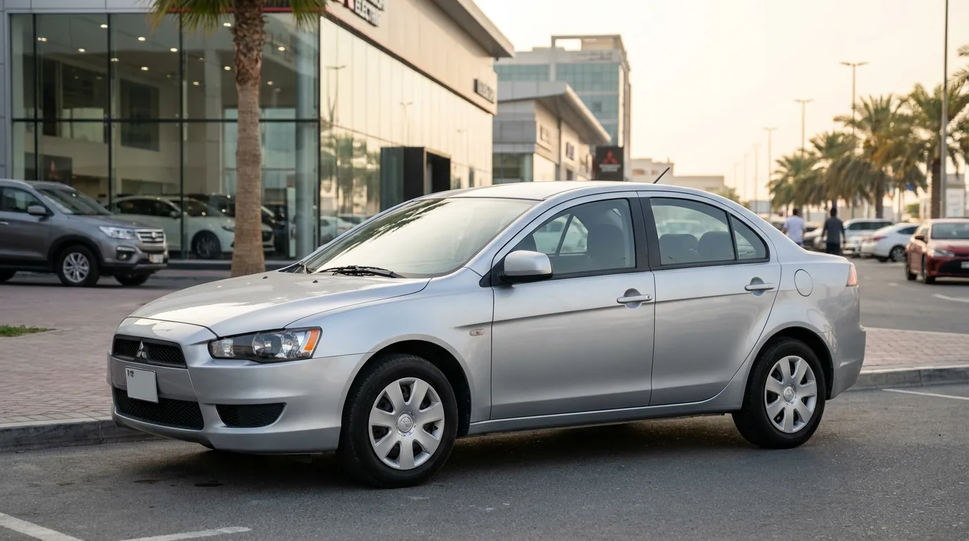 Mitsubishi Lancer GCC vs Imported UAE used sedan parked in Dubai