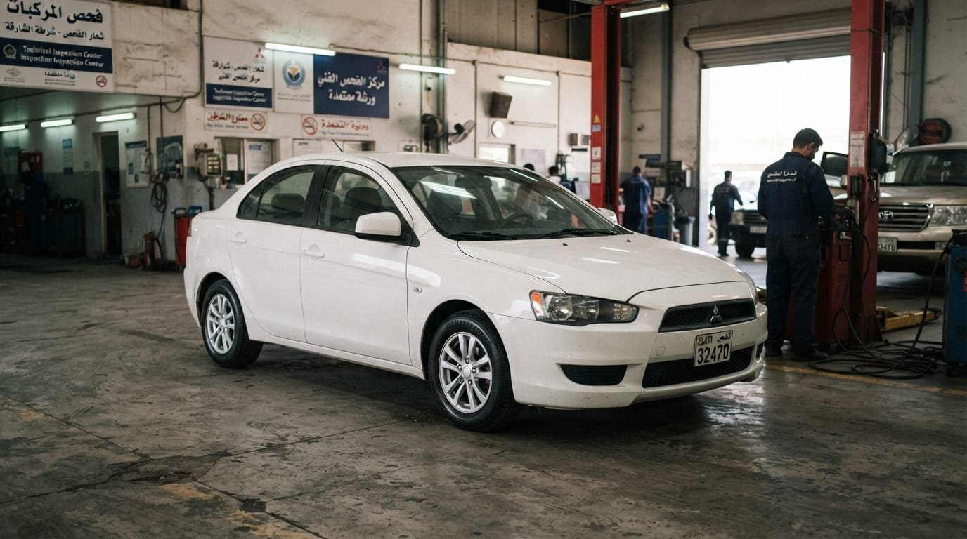 Mitsubishi Lancer insurance cost UAE — vehicle at UAE inspection centre