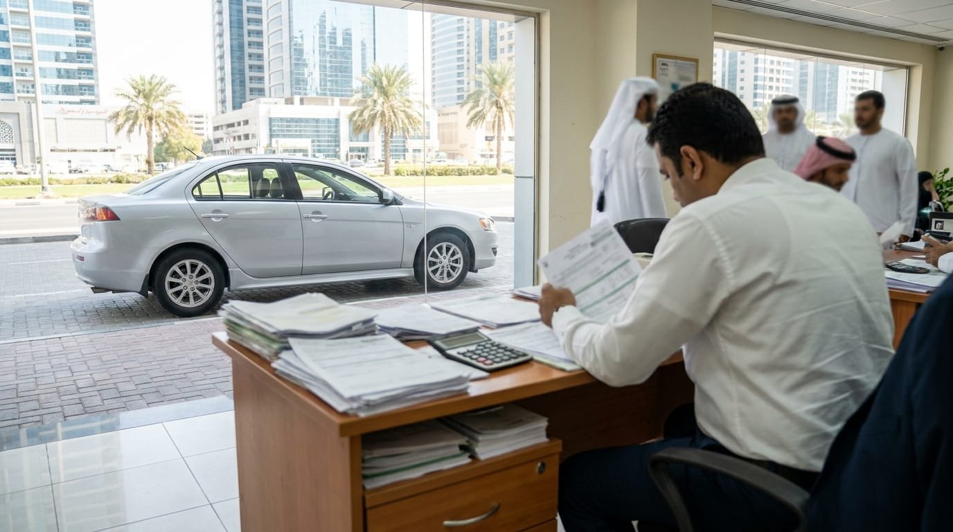 Reviewing Mitsubishi Lancer insurance documents in the UAE