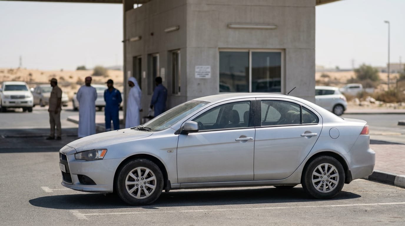 Used Mitsubishi Lancer parked outside a vehicle testing centre in Dubai before ownership transfer