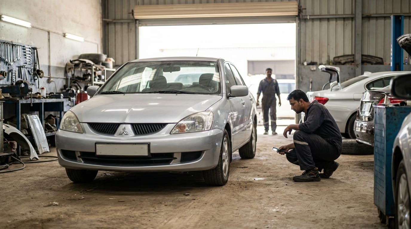 Imported Mitsubishi Lancer inspection at independent UAE workshop