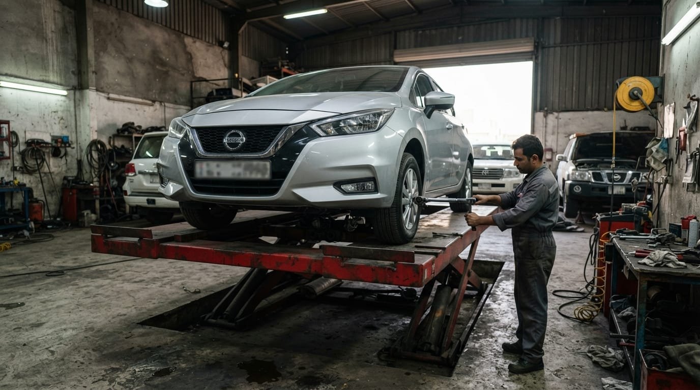 Nissan Sunny 2022 sedan in silver parked at Al Quoz automotive workshop in Dubai for pre-purchase inspection