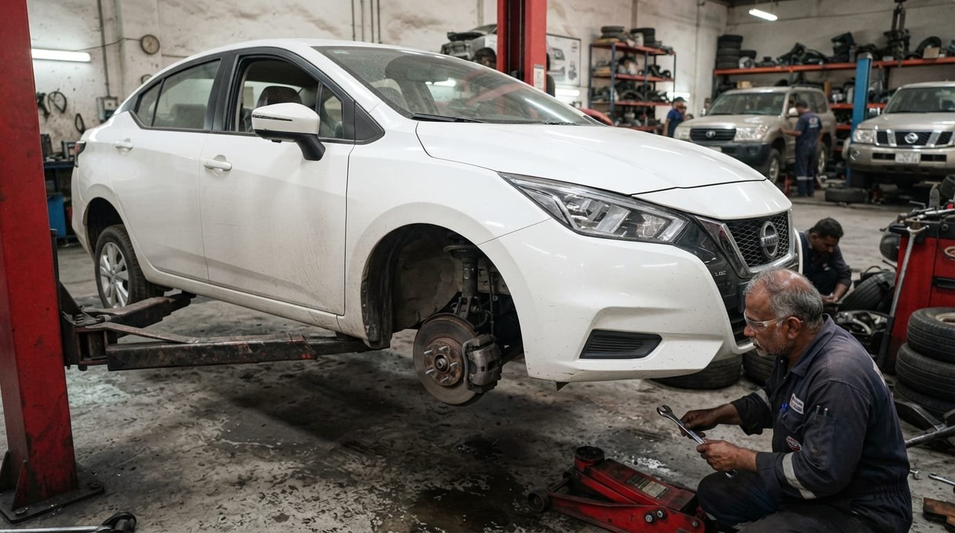 Mechanic inspecting Nissan Sunny brake pads and discs at Al Quoz Dubai workshop