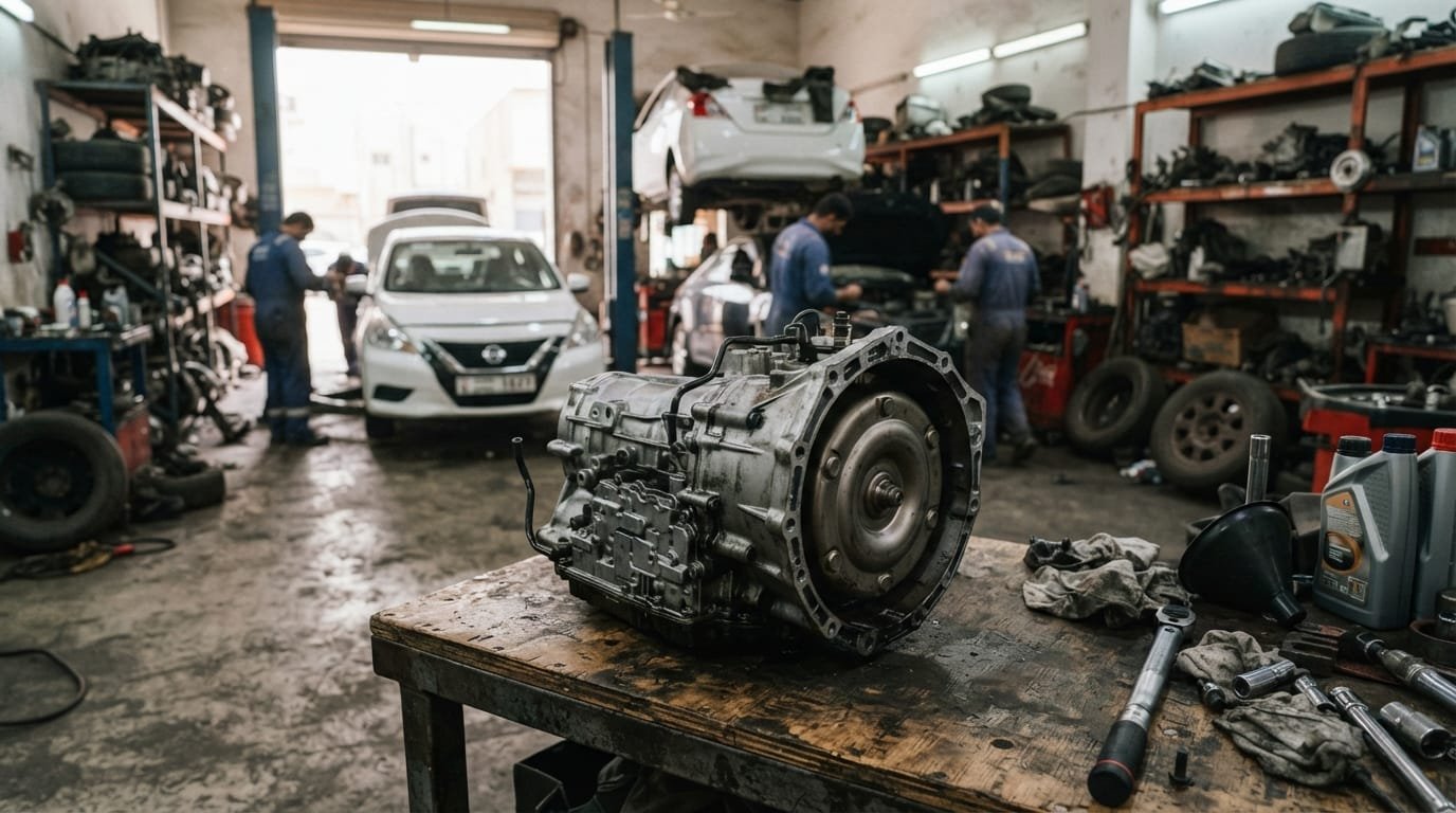 Nissan Sunny CVT gearbox on workshop bench at Sharjah Industrial Area garage