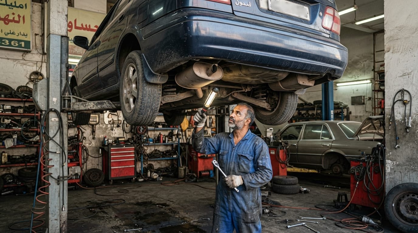 Mechanic inspecting Nissan Sunny CVT transmission UAE workshop