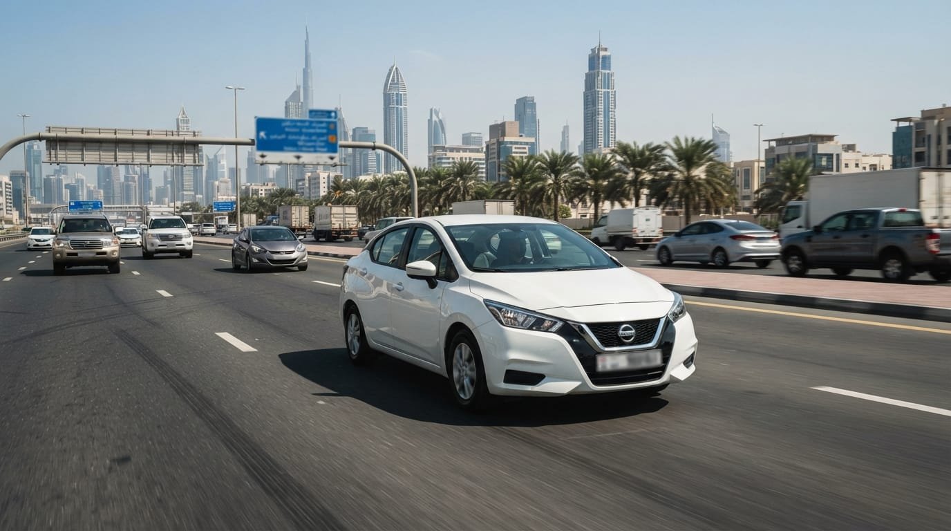 Nissan Sunny 2021 stuck in Dubai traffic on Sheikh Zayed Road, stop-start commute conditions, daytime