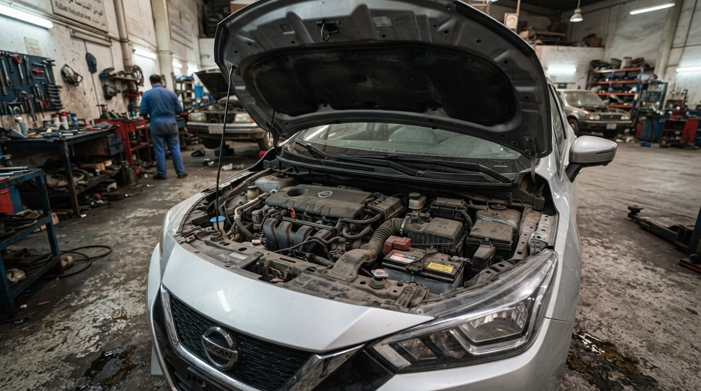 Nissan Sunny repair cost UAE — 2022 model engine bay check at Al Quoz Dubai garage