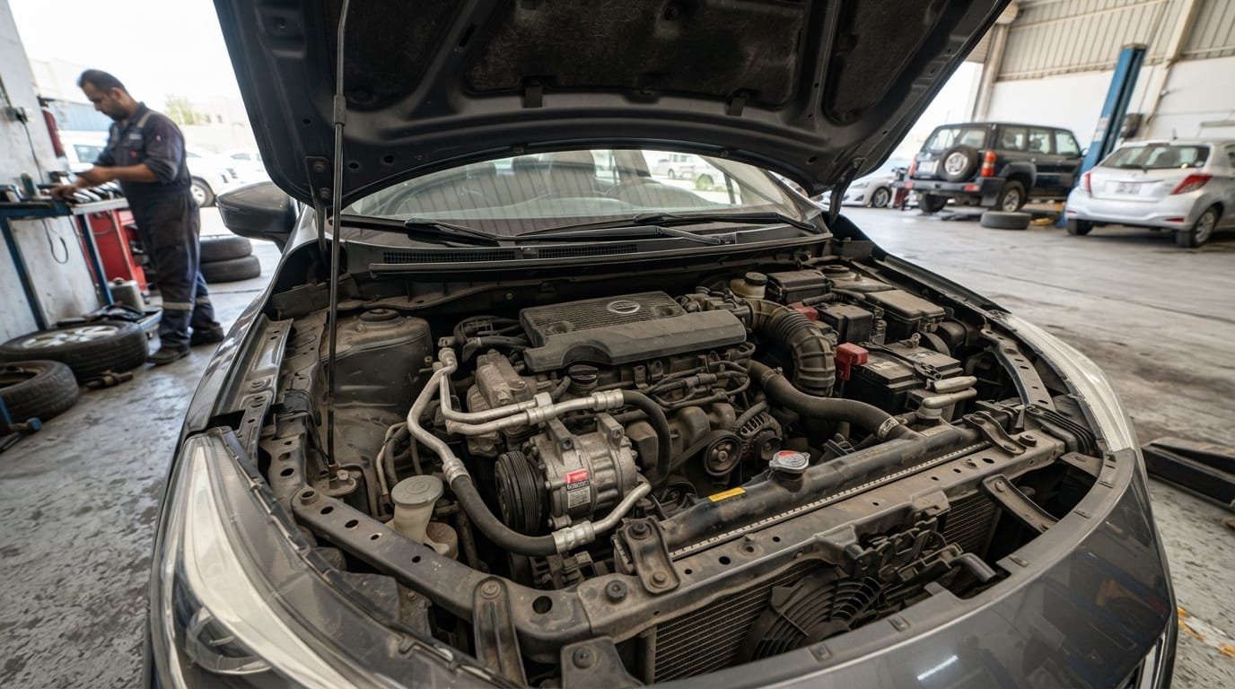 Close-up of Nissan Sunny 2022 engine bay in UAE showing GCC spec radiator and AC components during inspection