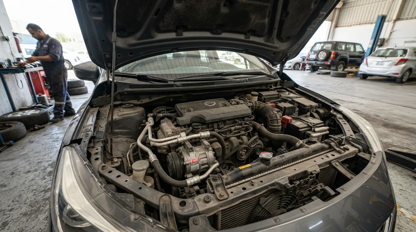 Close-up of Nissan Sunny 2022 engine bay in UAE showing GCC spec radiator and AC components during inspection