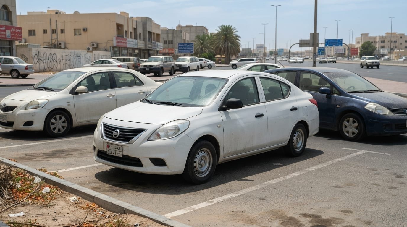Nissan Sunny 2020 GCC spec white sedan Sharjah parking UAE