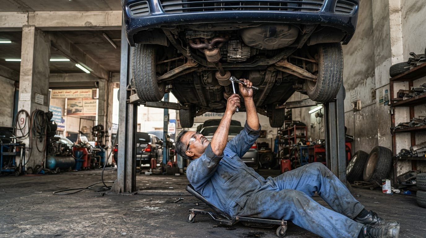 Mechanic in Al Quoz Dubai workshop inspecting undercarriage of Nissan Sunny checking for rust and flood damage