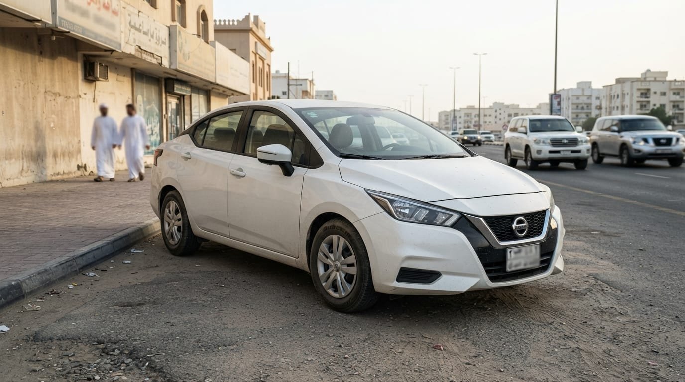 Used Nissan Sunny 2022 parked in Al Quoz industrial area Dubai, factory-stock silver sedan, daytime.