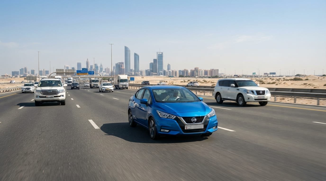 Nissan Sunny 2022 blue sedan Abu Dhabi highway UAE insurance documentation