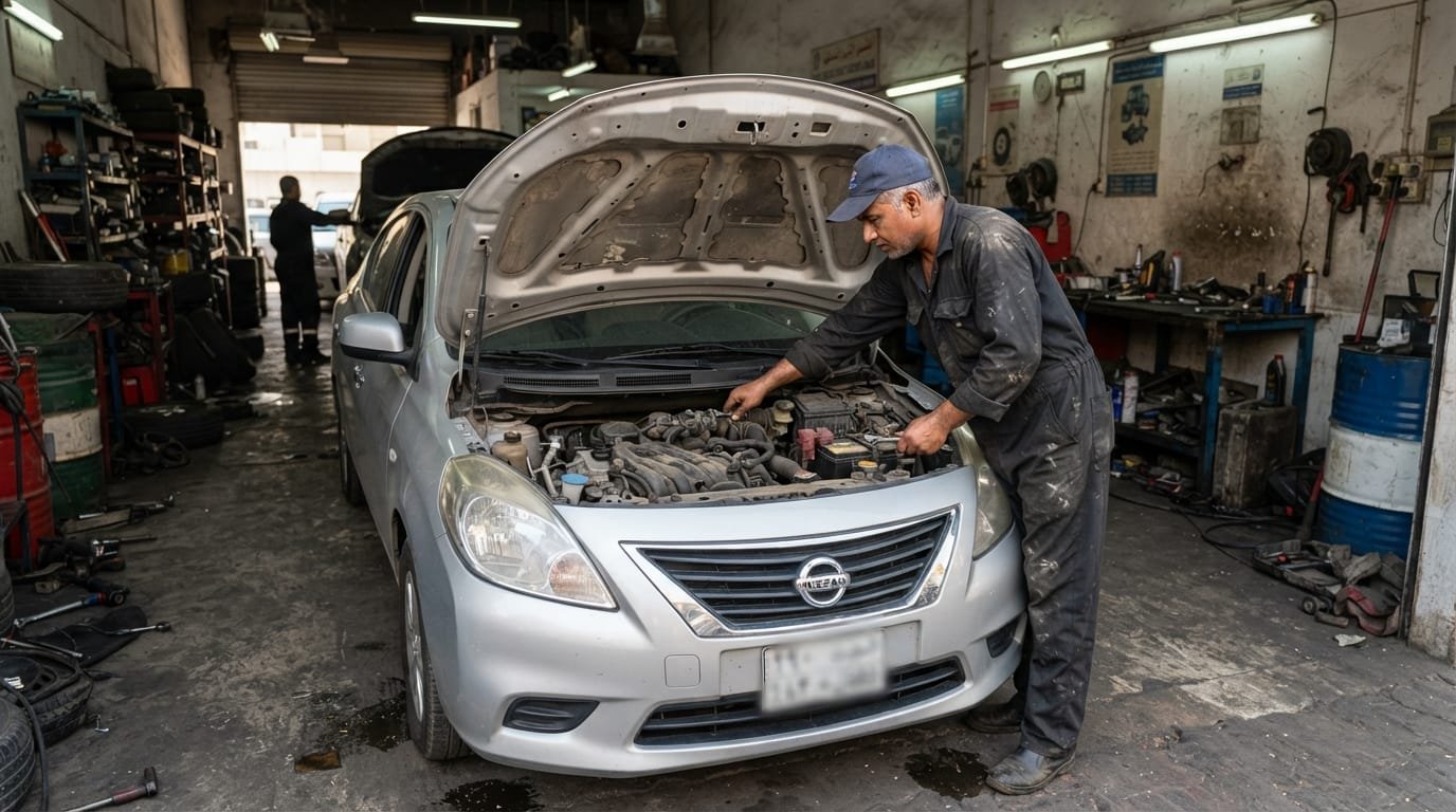 Nissan Sunny 2020 silver sedan engine bay inspection Al Quoz Dubai UAE mechanic