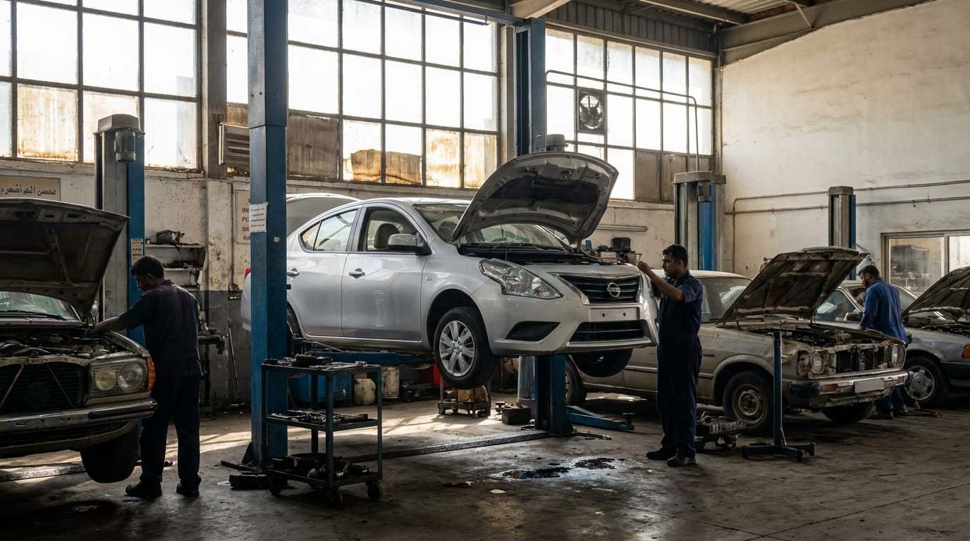 Nissan Sunny 2019 GCC spec workshop service Al Quoz Dubai mechanic inspection