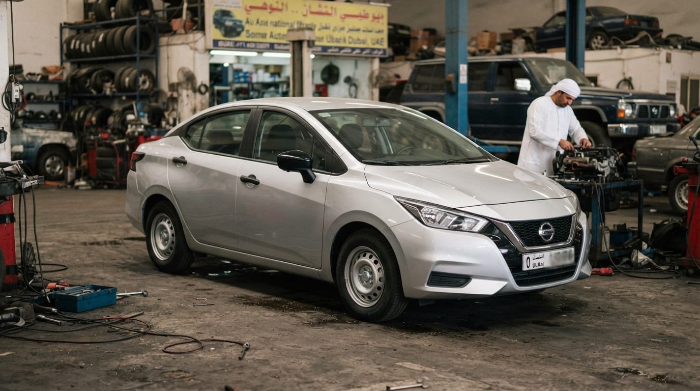 Nissan Sunny 2023 on a hydraulic lift at an Al Quoz Dubai workshop, mechanic checking undercarriage, documentary