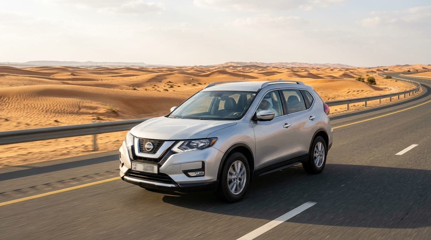 Nissan X-Trail 2020 silver SUV Abu Dhabi desert road UAE family