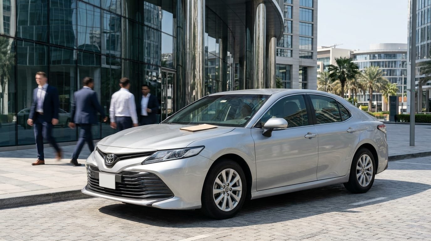 Toyota Camry parked outside a UAE bank branch representing car finance approval.