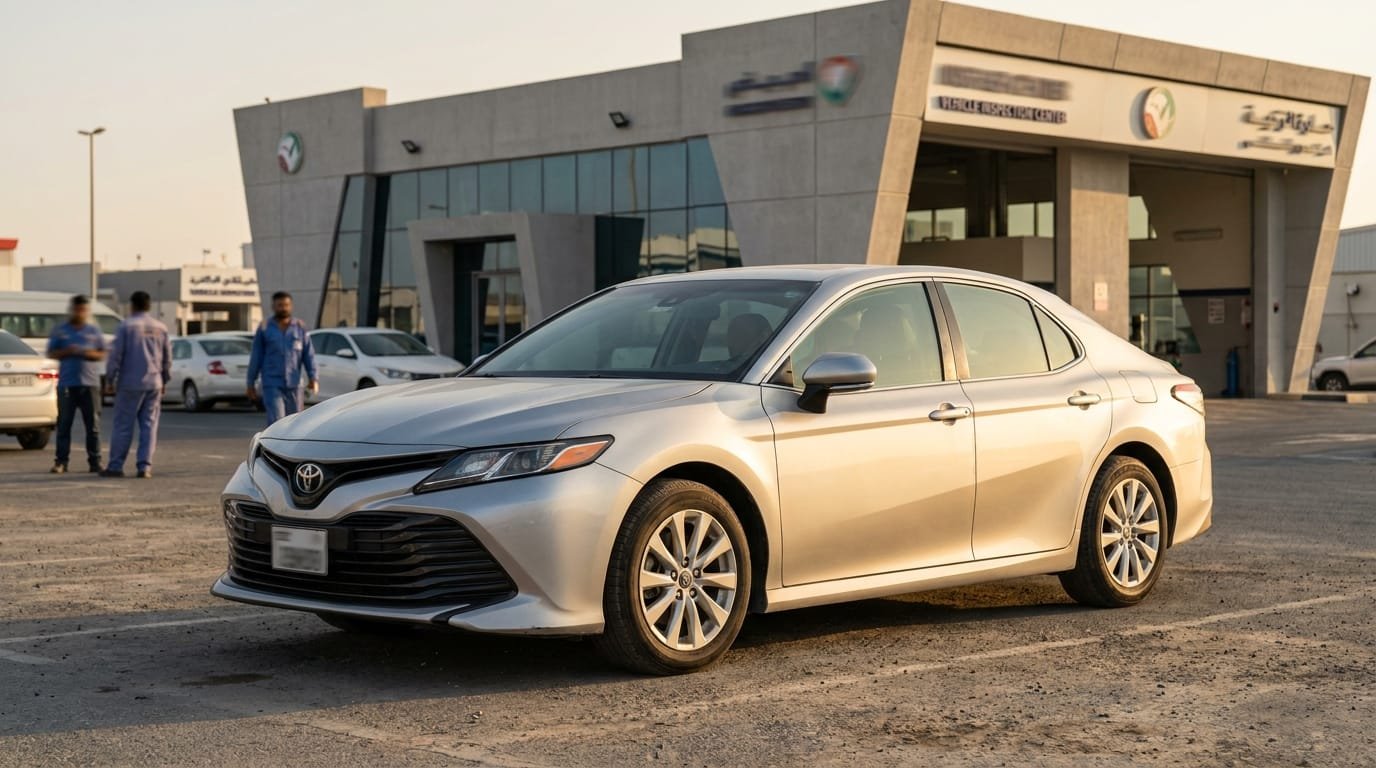 Silver Toyota Camry sedan ..toyota camry resale value uae parked at a Dubai car inspection centre
