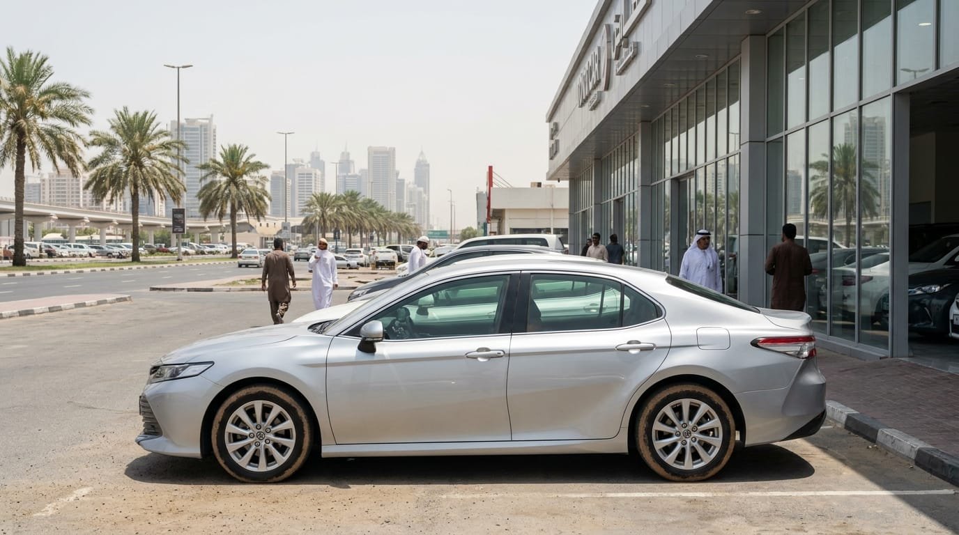 Toyota Camry parked outside a Dubai used car dealership showroom
