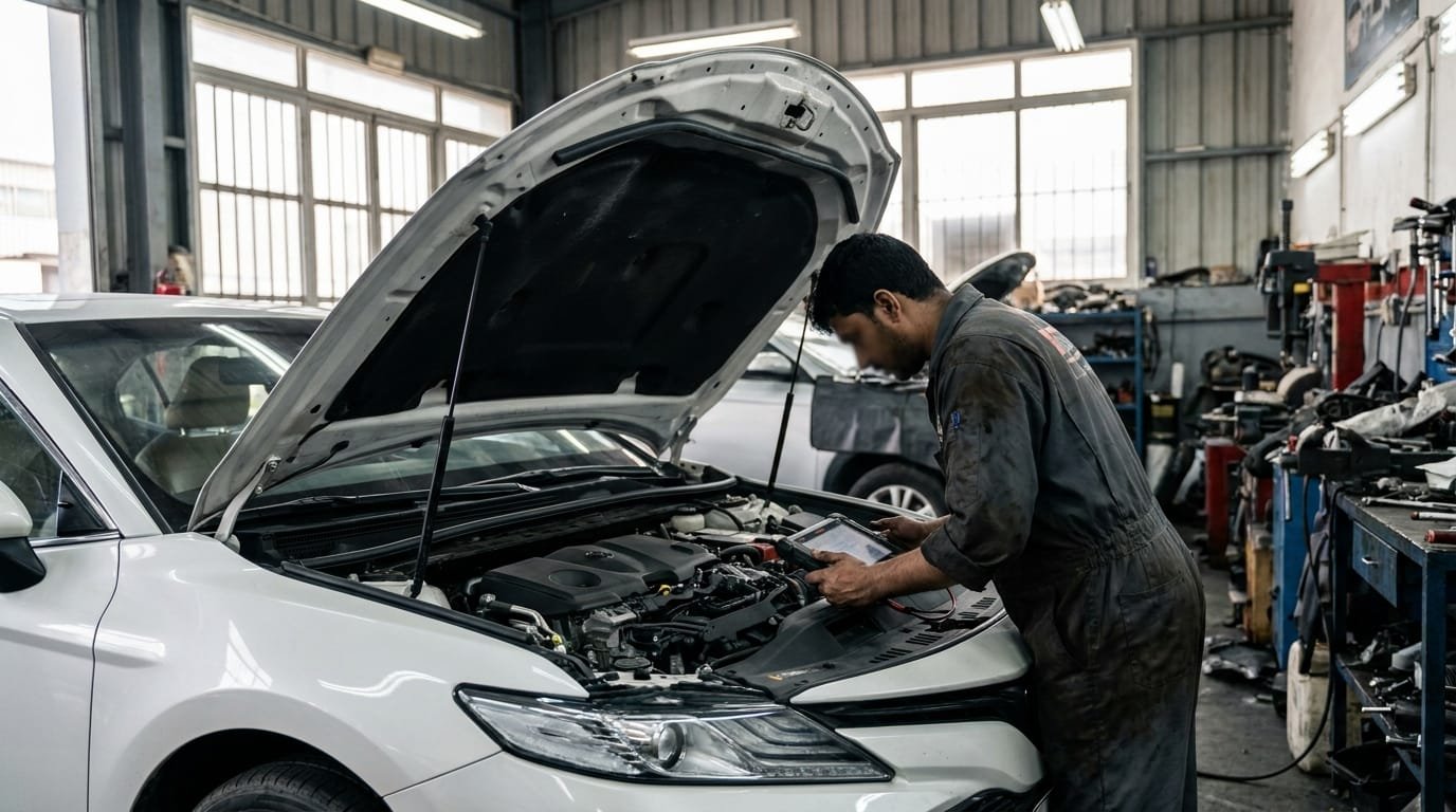 Mechanic checking Toyota Camry engine bay during a used car inspection in Al Quoz Dubai