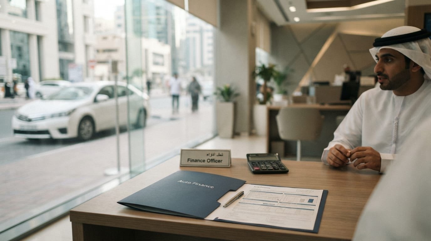 expat reviewing car finance documents at UAE bank branch