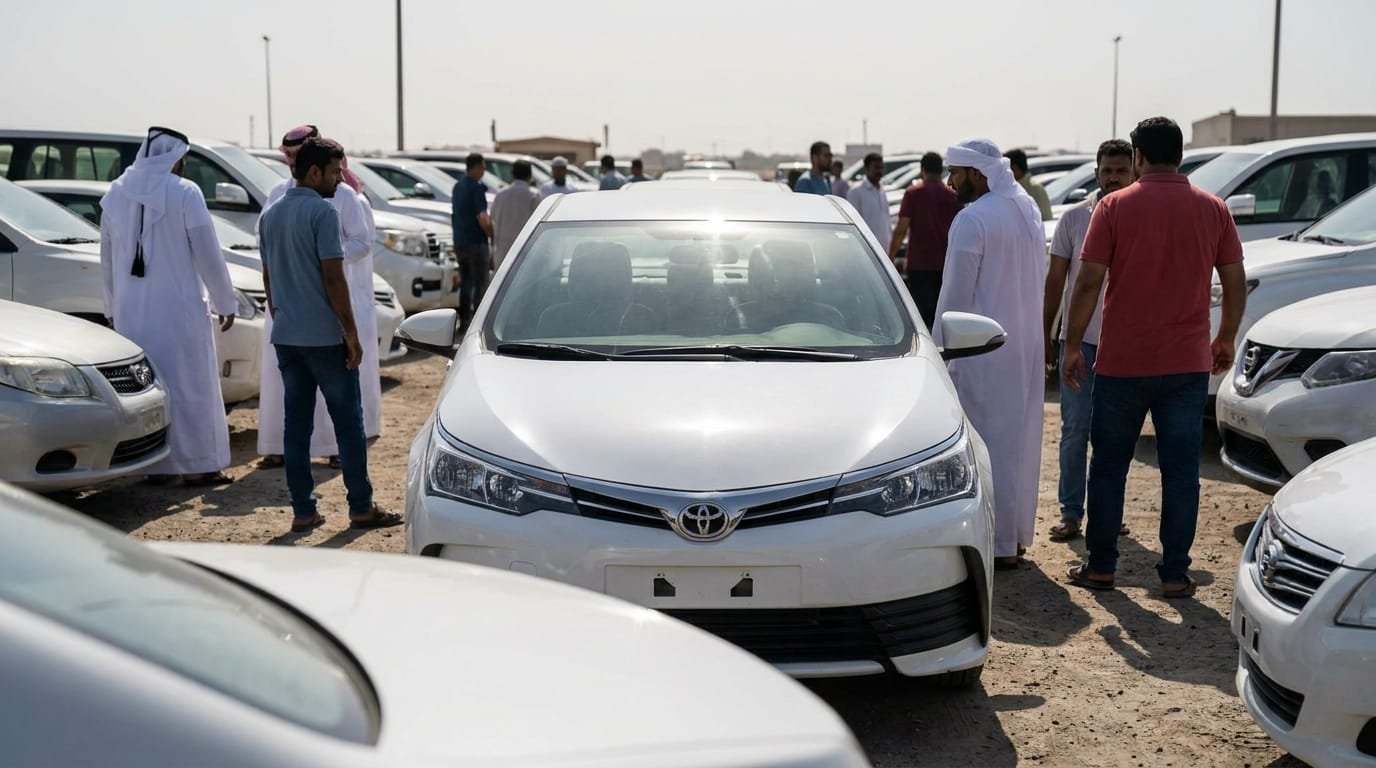 Used car buying checklist UAE — expat checking Mulkiya and VIN number on a white 2019 Toyota Corolla in a Dubai car market