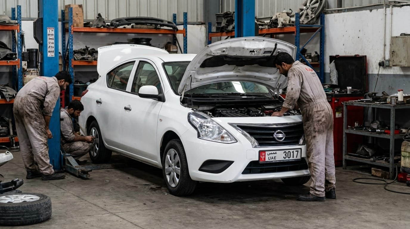 Mechanic inspecting engine bay of a used 2017 Nissan Sunny in Al Quoz Dubai workshop
