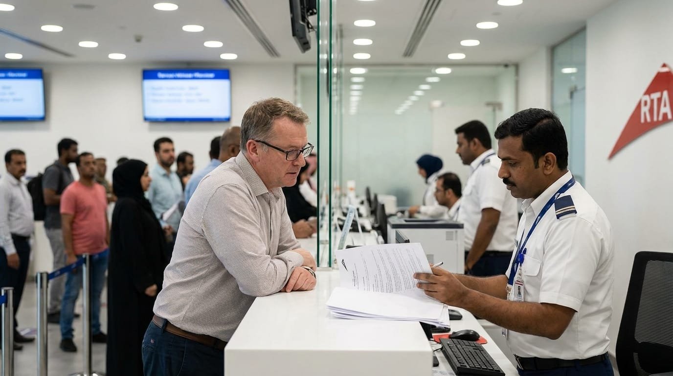 UAE expat completing used car ownership transfer at RTA Dubai service centre with Mulkiya documents