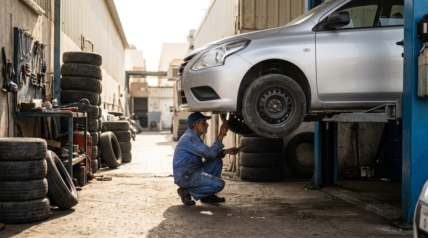 Used Nissan Sunny being inspected by a mechanic in Al Quoz Dubai