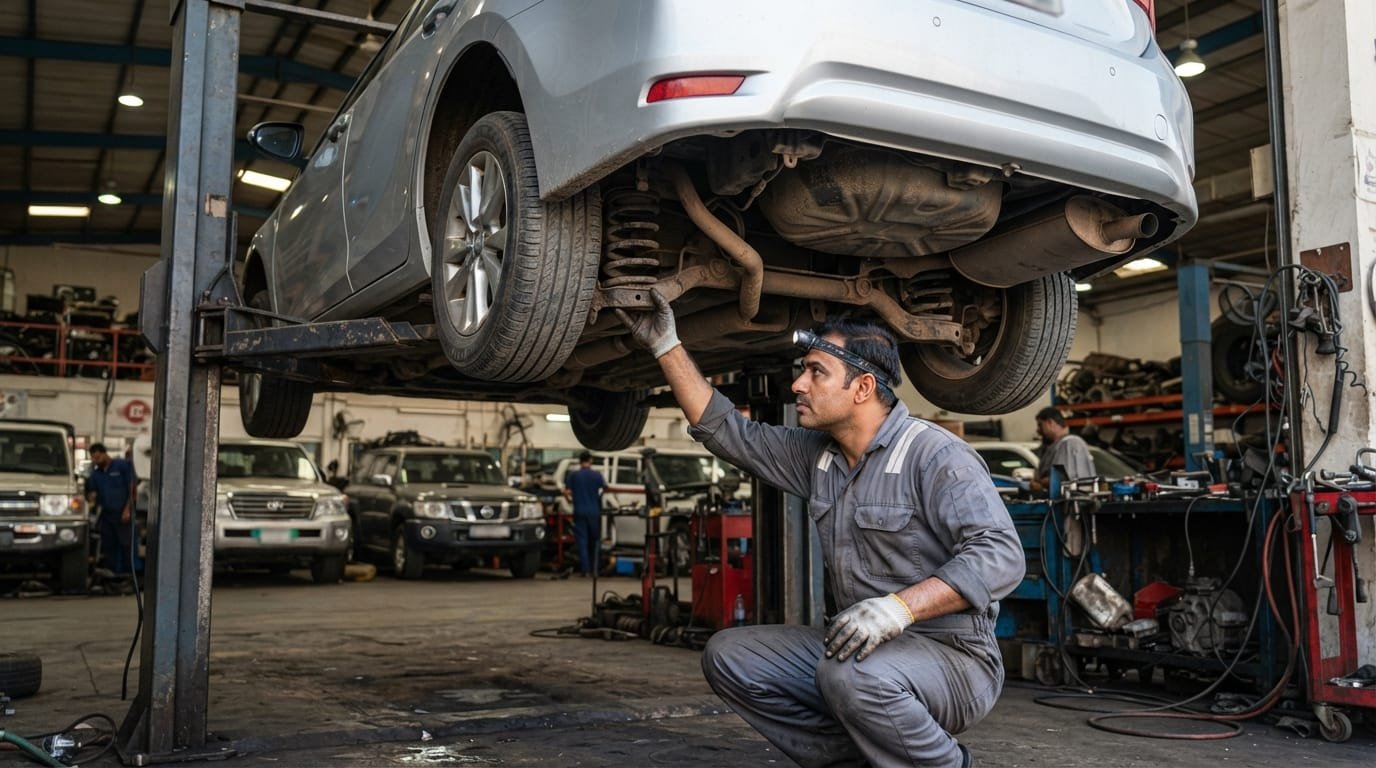 mechanic inspecting used car UAE Al Quoz workshop pre-purchase check
