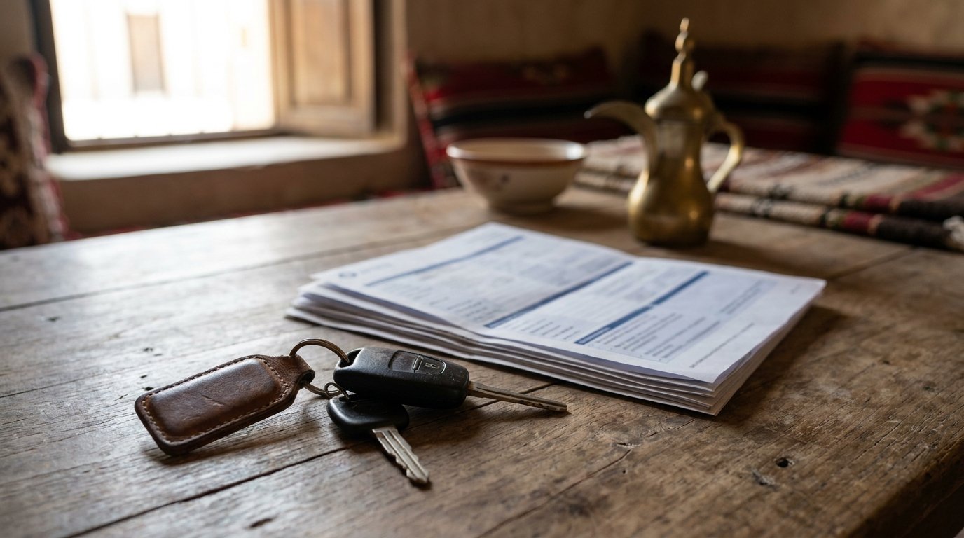Used car insurance document and car keys on a desk in a UAE setting