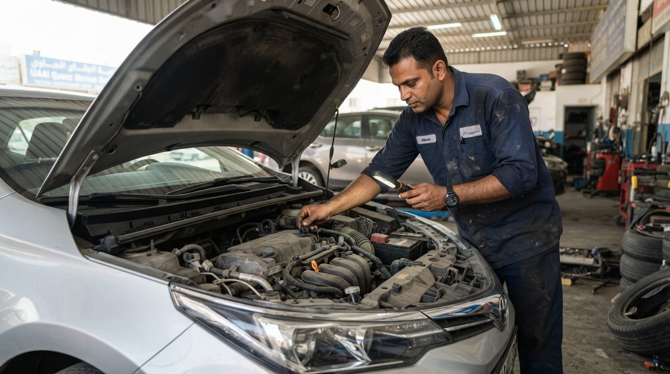 used car maintenance schedule uae mechanic inspecting engine bay Al Quoz Dubai workshop