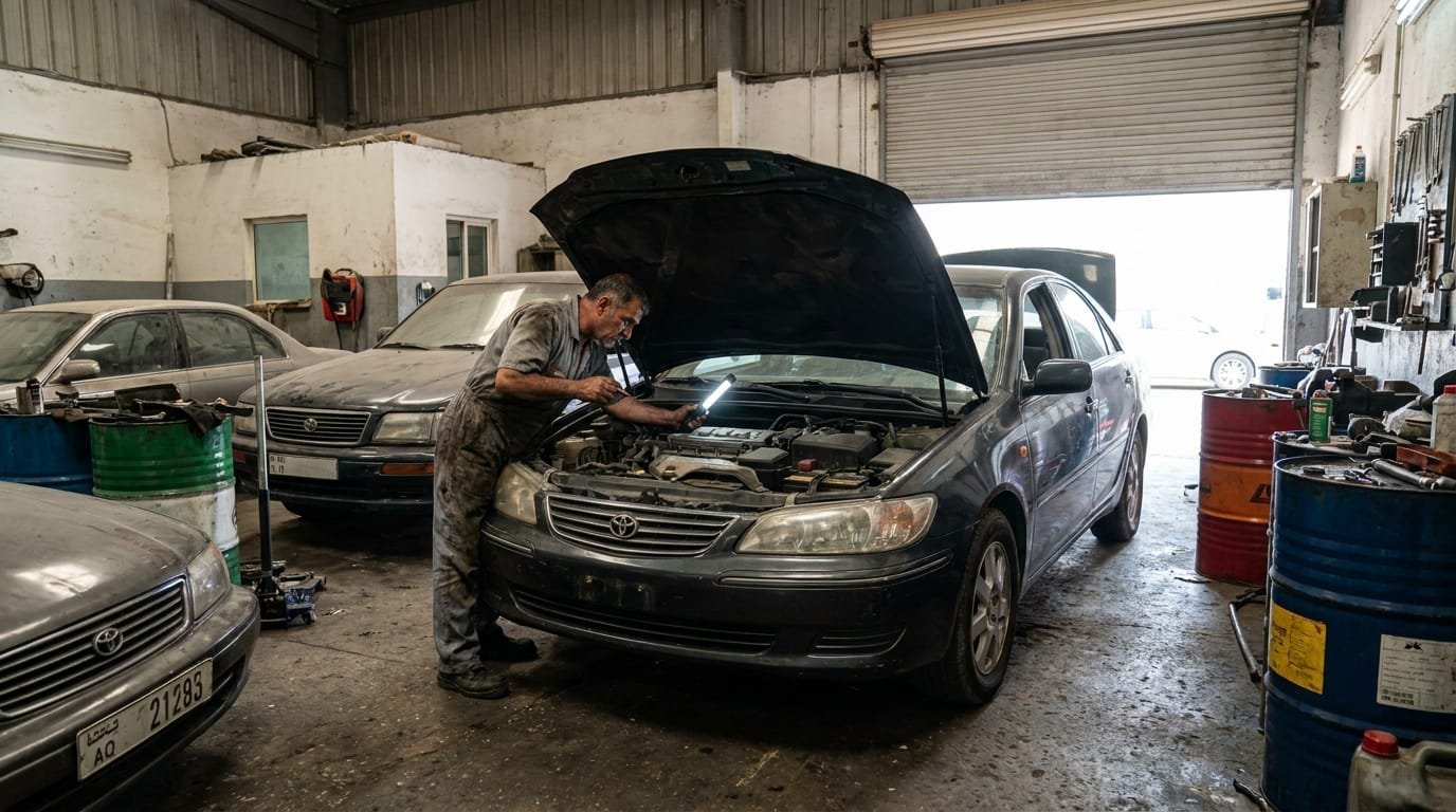 mechanic inspecting used car engine at Al Quoz garage Dubai
