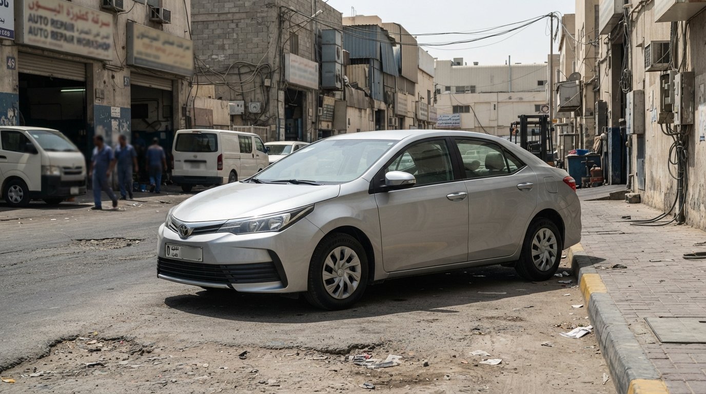 used car ownership cost uae — Toyota Corolla 2019 GCC parked in Al Quoz industrial area Dubai