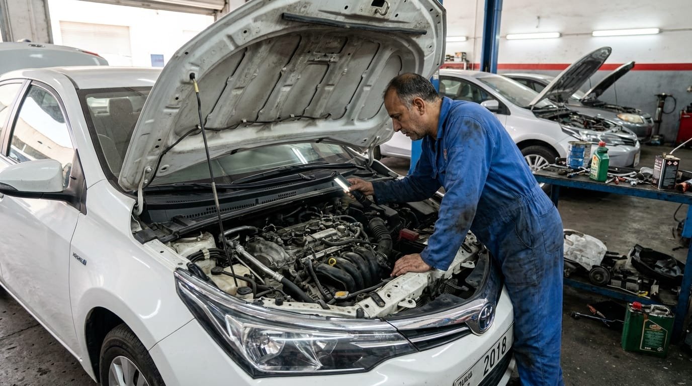 Pre-purchase car inspection mechanic checking engine bay Dubai Al Quoz used car