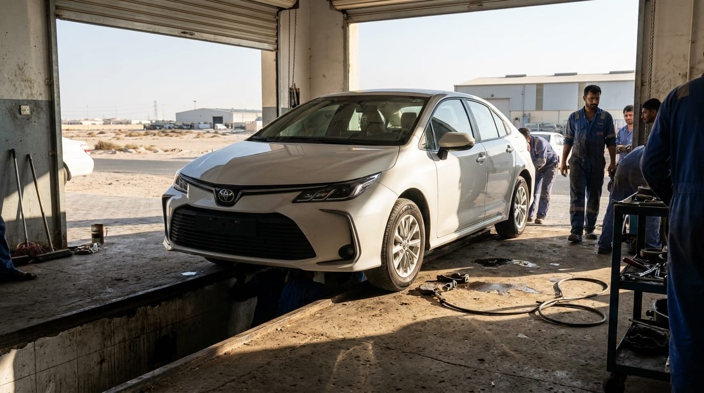 used car running costs uae — mechanic checking engine oil on a Toyota Corolla in an Al Quoz garage