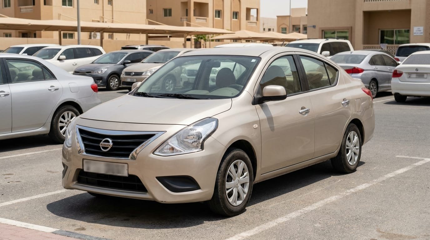 UAE expat checking tyre tread wear on a Nissan Sunny in a Dubai parking lot