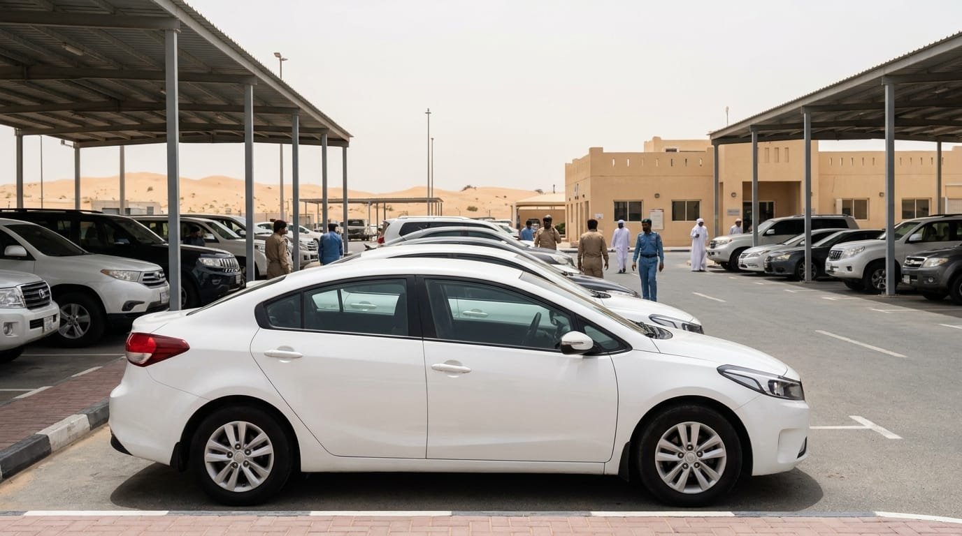 used Kia Cerato parked at a UAE registration and inspection centre