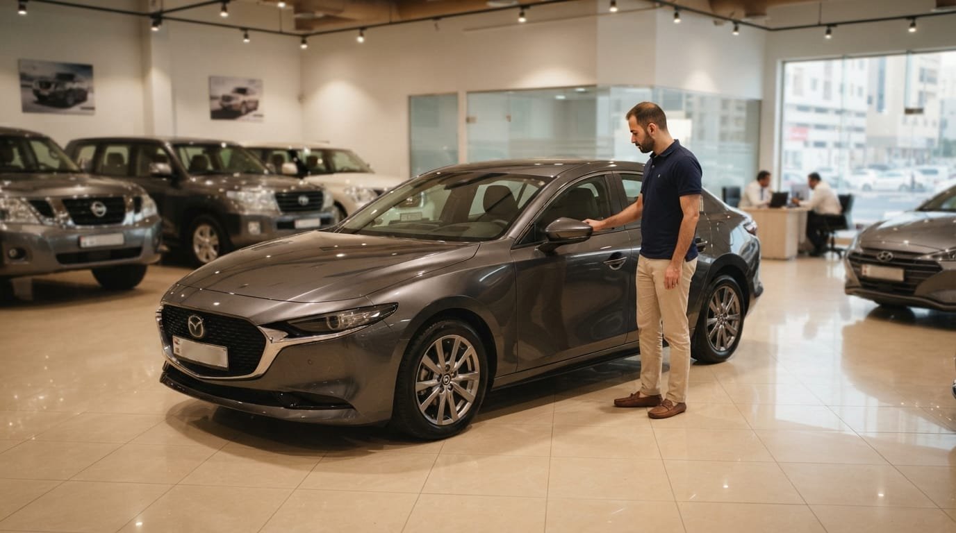 used mazda 3 salary dubai buyer reviewing a compact sedan at a Dubai used car showroom